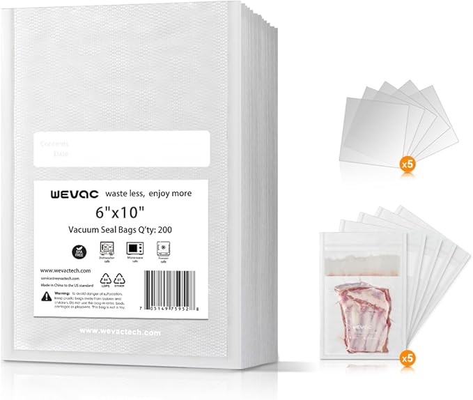 Wevac 6" x 10" Precut Vacuum Sealer Bags, 200 Count, Includes 5 Liquid Block Bags & 5 Bone Guard Pieces, Heavy Duty for Food 