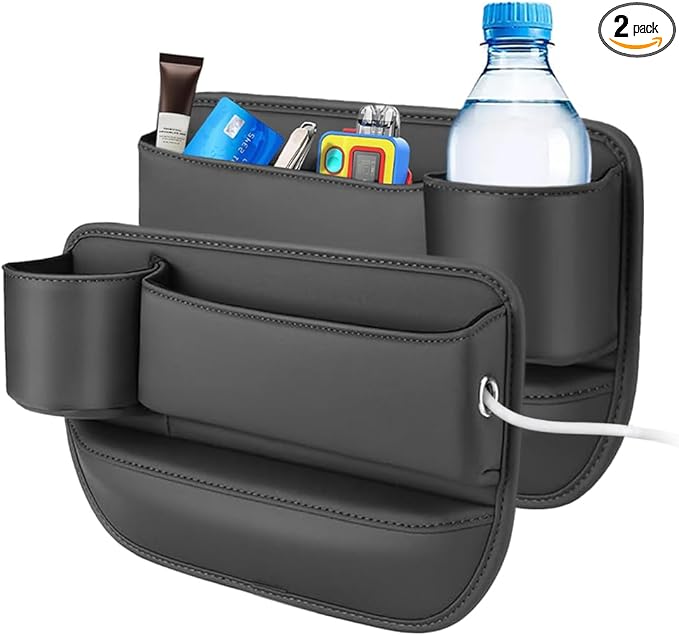 Leather Car Seat Gap Organizer, 2 Pack Adjustable Car Seat Storage Box, Car Gap Bag for Phones, Glasses, Keys, Cards(Black Driver's Passenger)