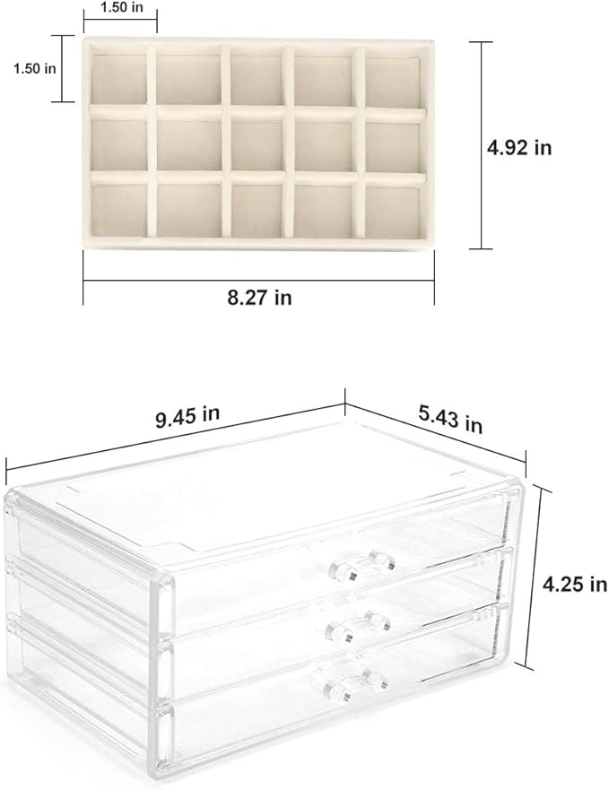 FEISCON Acrylic Jewelry Organizer Makeup Cosmetic Storage Organizer box Clear Jewelry Case with 3 Drawers Adjustable Jewelry 