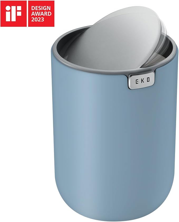 EKO Fandy 0.4 Gal/1.5L Mini Tabletop Trash Bin with Swing-Lid, Desktop Trash Can for Bathroom Countertop, Vanity, Coffee or Office, Small Garbage Bin (Blue)