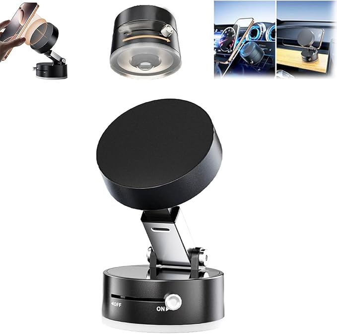 Foldable Magnetic Vacuum Phone Holder, 360° Electric Suction Car Mount, Double-Sided Swivel Stand for Car, Mirror, Gym, Kitchen, Hands-Free Portable Phone Holder (Black)