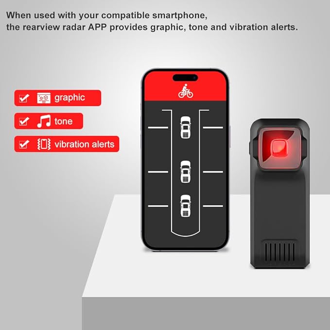 BY-J Bike Radar Tail Light, Visual and Audible Alerts for Approaching Vehicle, Compatible with Garmin Wahoo Bike Computers & 