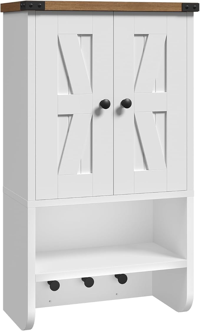 MAHANCRIS Bathroom Wall Cabinet, Farmhouse Medicine Cabinet with Adjustable Shelf, 3-Tier Wall-Mounted Storage Cabinet with 3