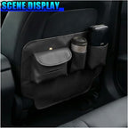 Leather Car Seat Back Organizer, Waterproof Car Seat Kick Mat with Cup Holder, Multifunctional Backseat Storage Bag, Universal Auto Travel Seats Protector Accessories for SUV Truck (Black)