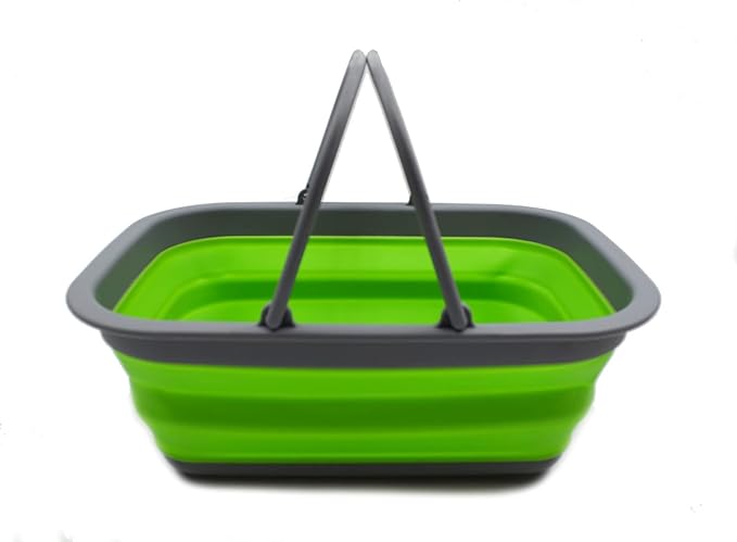 SAMMART 9.2L (2.37Gallon) Collapsible Tub with Handle - Portable Outdoor Picnic Basket/Crater - Foldable Shopping Bag - Space Saving Storage Container (1, Dark Grey/Green)