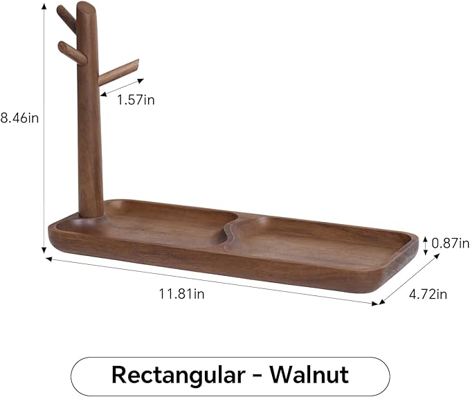 Black Walnut Solid Wood Key Dish Bowl for Entryway Table Square Tray With 3 Hooks, Open Storage for Keys, Wallet, Jewelry (Wa
