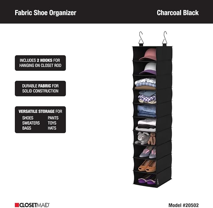 ClosetMaid 20502 10-Shelf Fabric Hanging Closet Organizer for Shoes, Hats, Handbags, Clothes with Charcoal Black Finish