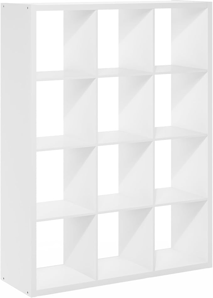Furinno Cubicle Book Shelf, 12-Cube Bookshelf, Extra Thick Frame Reversible Bookcase with Open Back, 14.6" x 44" x 58", for L