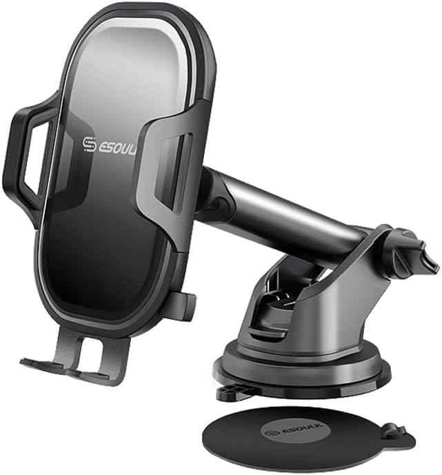 Esoulk One Touch Car Phone Mount - Dashboard & Windshield Cell Phone Holder, Strong Suction Cup Auto Stand with Adjustable Telescopic Arm, 360° Rotation for iPhone, Samsung & All Smartphones