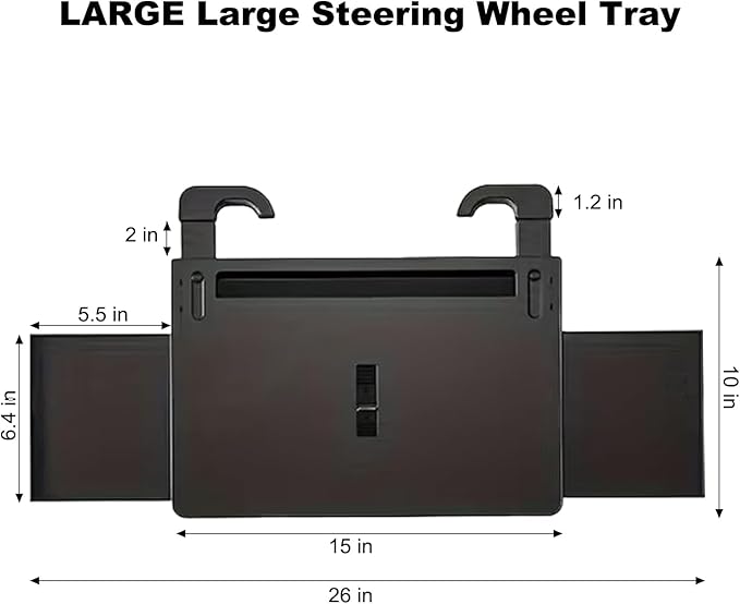 Extra Large Steering Wheel Tray for Car (26") – Adjustable Car Desk, Car Laptop Desk, Steering Wheel Desk Tray, Car Food Tray, Auto Travel Table with Expandable Side Panels for Eating, Working, Laptop