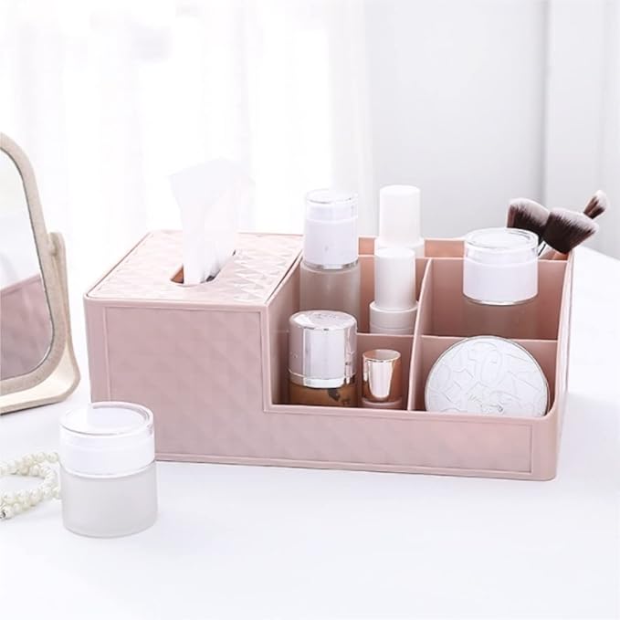 Bathroom Makeup Organizers, Plastic Cosmetics Storage Box With Tissue Box Sundries Desktop Lipstick Skincare Makeup Organizer