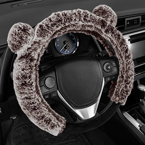 BDK Bear Fur Steering Wheel Cover, Plush Faux Fur Fuzzy Steering Cover for Car Truck Van SUV, Standard Size Fits Wheels 14.5-