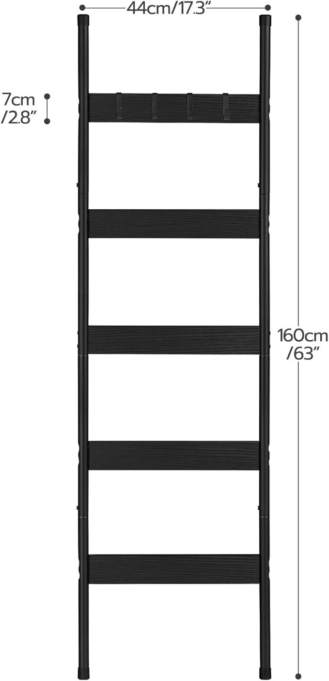 HOOBRO Blanket Ladder, 5-Tier Towel Rack with Hooks, Wall-Leaning Blanket Rack, Decorative Display Ladder Shelf, Scarves, Ind