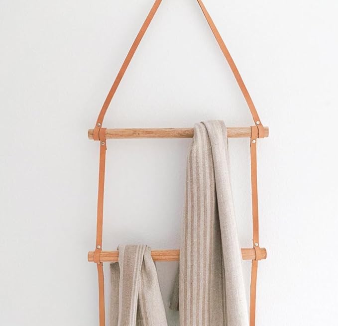 Decorative Wooden Wall Hanging Ladder with Leather Straps – Rustic Towel and Blanket Rack for Bathroom, Living Room, or Entry