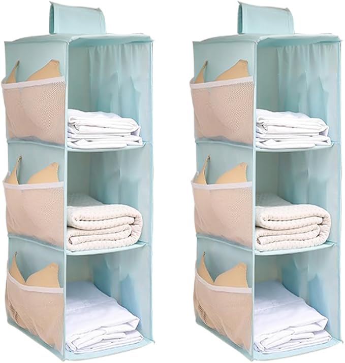 Hanging Closet Organizer, 4-Section Storage Shelves, Oxford Cloth with Mesh Pockets, (Cerulean, 3 Section)