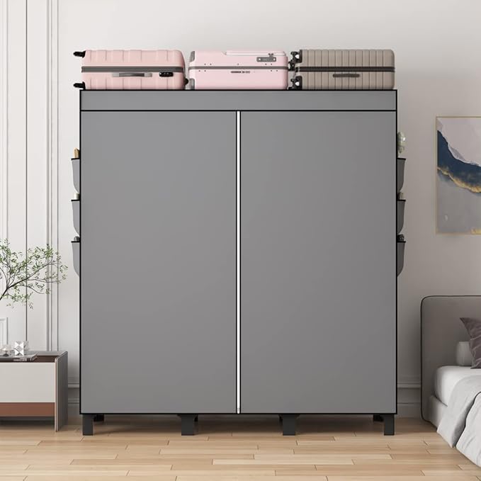 Portable Closet, 51.18" Large Capacity Clothing Storage Organizer with 3 Hanging Rods 6 Shelves 18 Side Pockets, Dustproof St