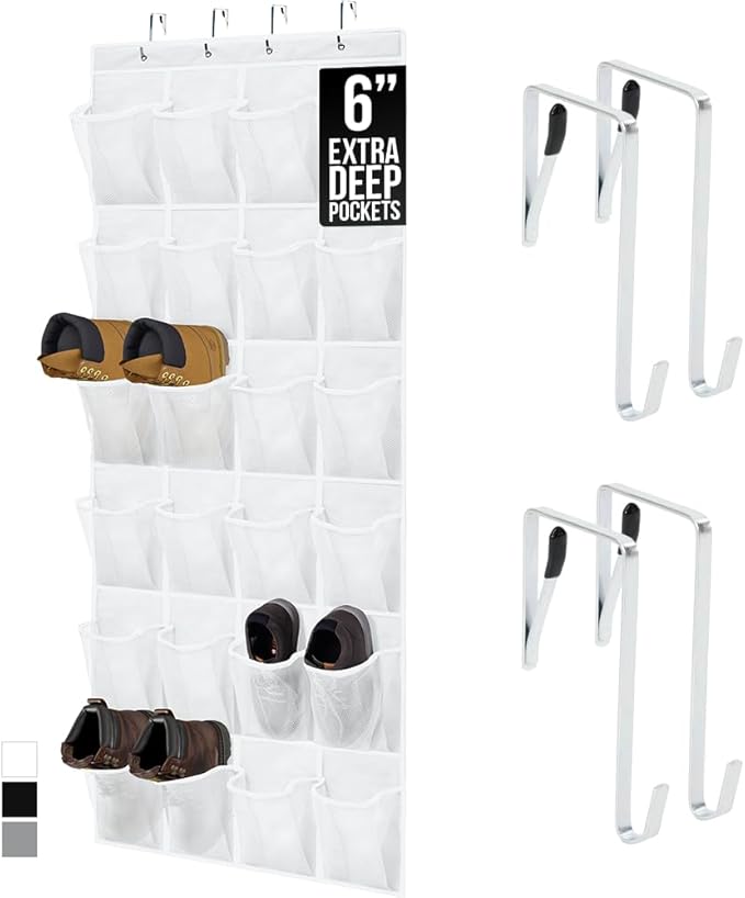 GORILLA GRIP Over the Door Shoe Organizer, 24 Extra Large Breathable Mesh Pockets, Space Saving Hanging Storage Holder, 4 Hoo