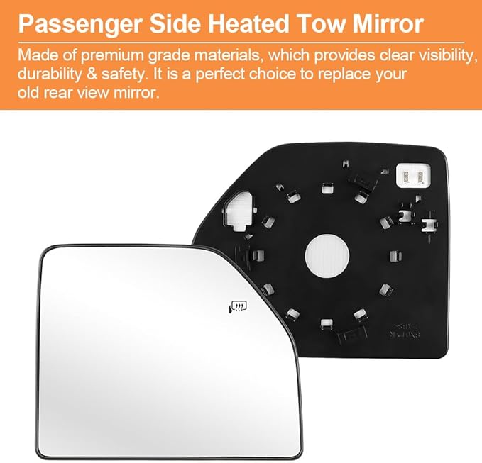 Senzeal Passenger Side Heated Upper Mirror Glass Replacement for Ford F150 2015-2020 Ford F250 F350 F450 F550 2017-2022 Tow Mirror FL3Z17K707G (Right Side)