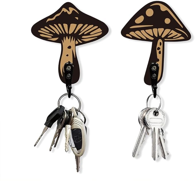 AHANDMAKER 2 Sets Wooden Mushroom Wall Hooks Key Holder, Wall Mounted Mushroom Decor Hanger for Room Keys Home Decor