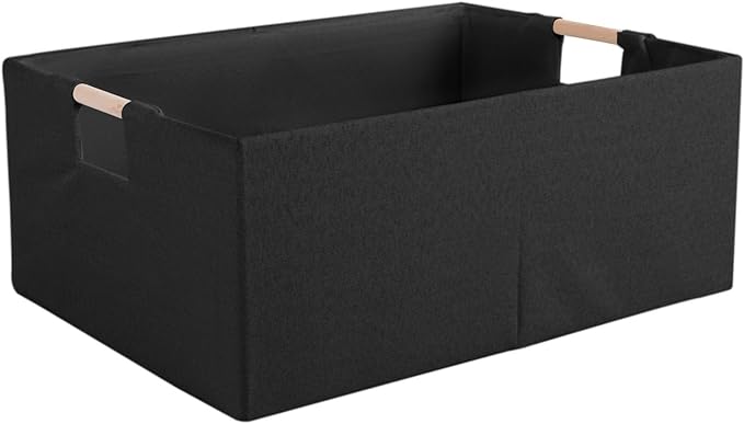 Fabric Storage Bin Box Foldable Cotton Linen Storage Basket with Wooden Handles Rectangular Cube Decorative Home Laundry Orga