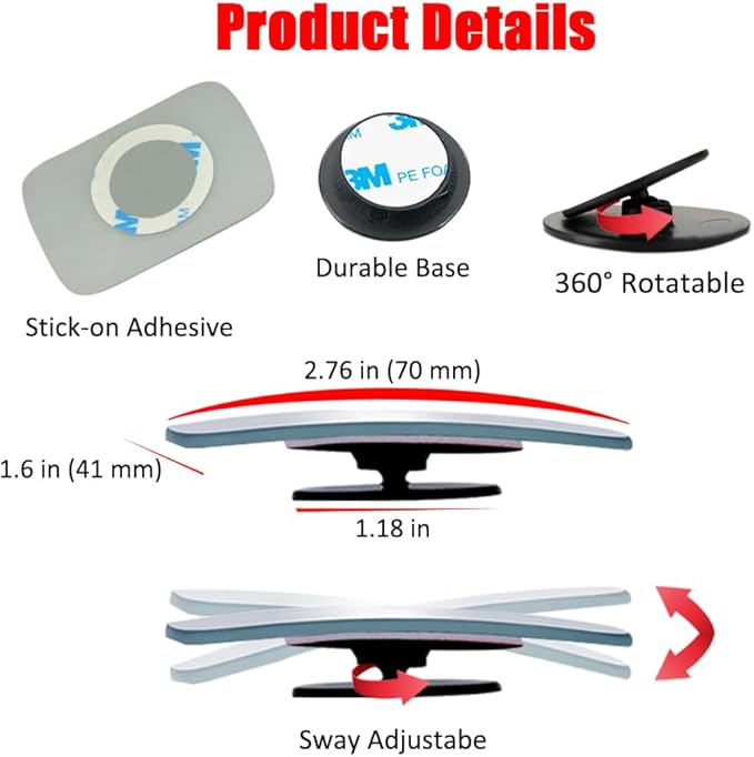 Ampper Blind Spot Mirror Rectangular, HD Glass Frameless Stick on Adjustabe Convex Wide Angle Rear View Blind Spot Car Mirror for Car Blind Spot, Pack of 4