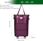 Expandable Foldable Duffel Bag with Detachable Wheels, 64L Large Capacity Rolling Travel Duffle Bag, Lightweight Carry on Luggage with Spinner Wheels, Weekend Gym Tote Bag (Deep Purple)