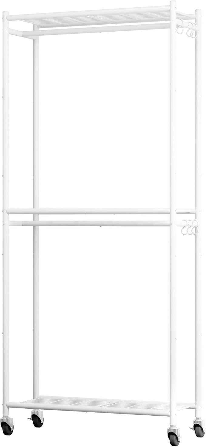 Sakugi Clothes Rack - 33.0" x 12.2" x 79.5" Clothing Rack with Shelves & Wheels, Multi-Functional Wardrobe Closet with Hooks,