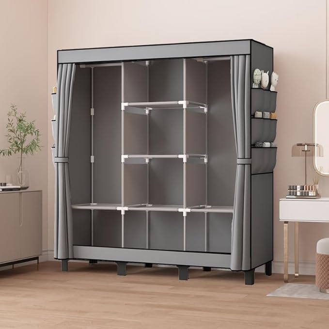 Portable Wardrobe, Easy Hanging Closet 6 Side Pockets Large Capacity Clothes Organizer Comes with 2 Hanging Poles and Shelves