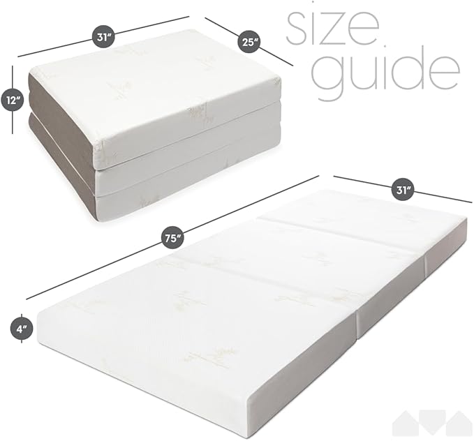 Milliard Trifold Mattress, Cot Size, 4 inch, Portable Foldable Mattress Cot with Medium Firm Foam, Washable Cover, Tri-Foldin