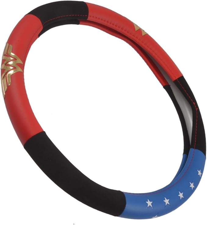 BDK Warner Bros DC Comics Wonder Woman Steering Wheel Cover - Car Accessories for Women, Superhero Heroine Gift Ideas, Original Red White Blue WonderWoman Logo, Universal Standard Fit 14.5-15.5 Inches