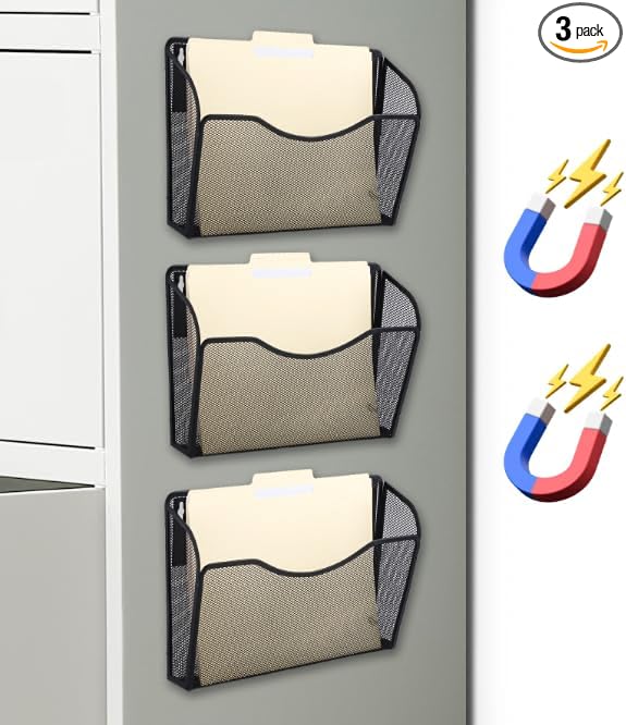 EASEPRES Magnetic 3 Single Pocket Mesh Hanging File Organizer, Vertical Wall Mounted Magazine File Holder, Mount Basket Mail 