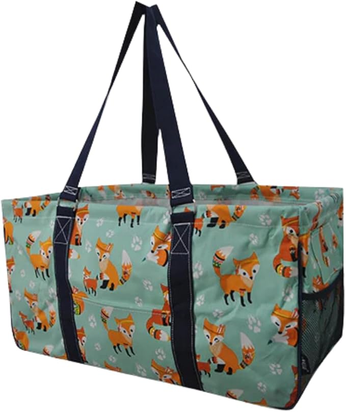 NGIL Extra Large Utility Tote Reusable Grocery Bag Oversized Collapsible for Groceries, Storage, Picnic, Beach (Fox Life-Navy)