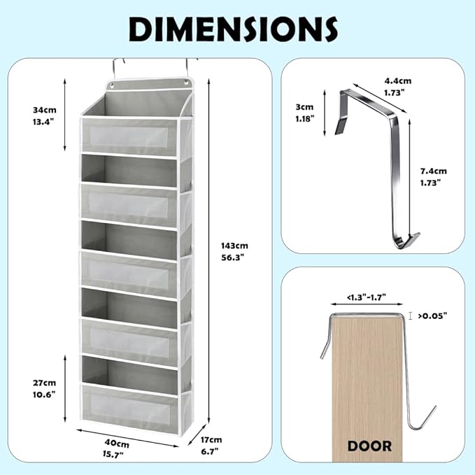 Over The Door Storage Organizer with 5 Extra Large Pockets & Side Mesh Pouches, Hanging Closet Door Organizer for Bedroom, Ba