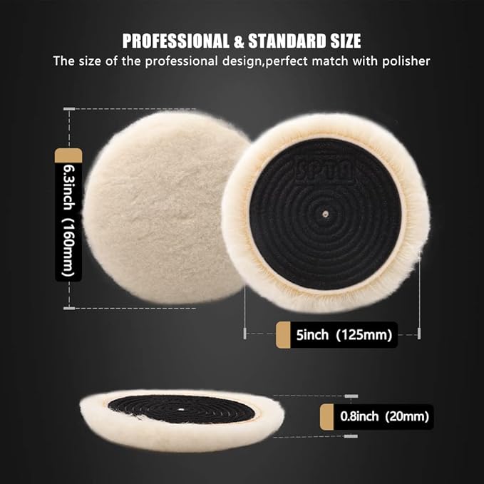 SPTA Wool Buffing Polishing Pads, 3Pcs 5 Inch (125mm) Wool Cutting Pad, Wool Compounding Pad, Buffing and Polishing Pads Buffing Wheel for 5 Inch Car Polisher Compounding, Polishing, Buffing