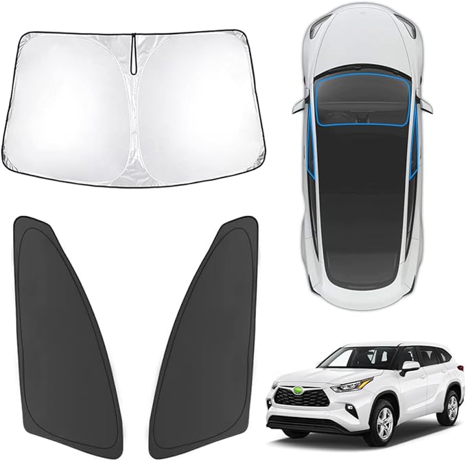 Karltys 3PCS Windshield Sun Shade for 2020-2025 2026 Toyota Highlander, Front and Side Window Sunshade Custom Fit Highlander, Foldable Sun Visor Protector Blocks Heat Harmful UV Rays