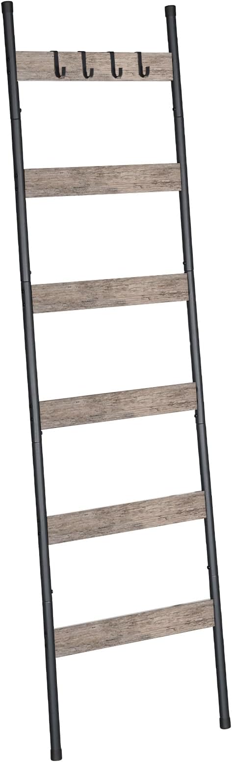 HOOBRO Blanket Ladder, 6-Tier Towel Rack with Hooks, Wall-Leaning Blanket Rack, Decorative Display Ladder Shelf, Scarves, Ind