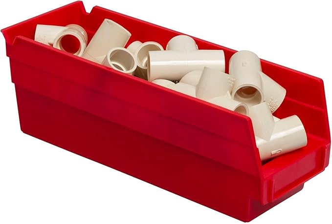 Akro-Mils 30120 Plastic Shelf Bins, Heavy Duty Storage Bins for Garage, Closet, and Drawer Organization, 12" x 4" x 4", Red, 