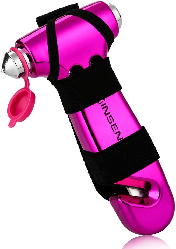 SINSEN Car Window Breaker Seatbelt Cutter, Emergency Tool, Safaty Hammer to Break Glass, Escape Kit for Women, 3-in-1, Neon P
