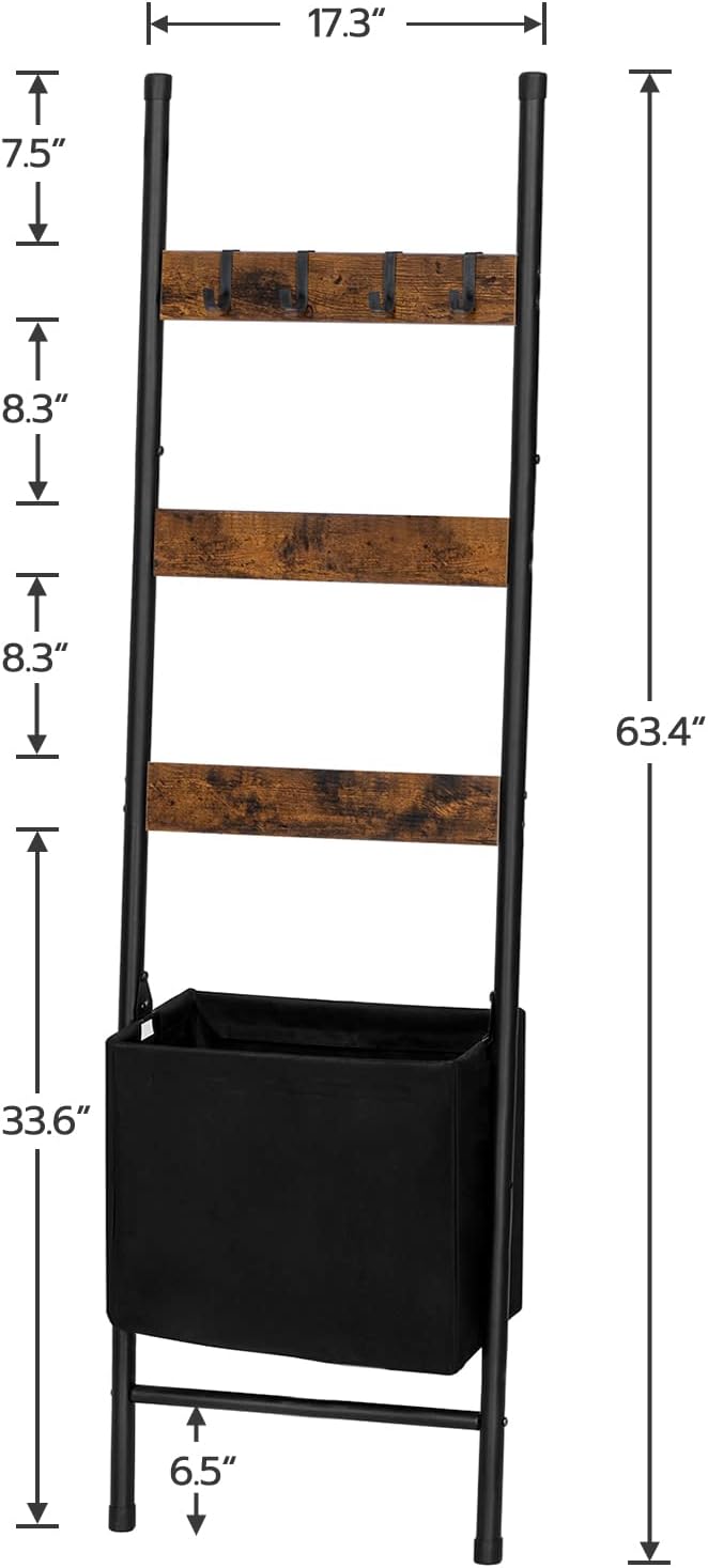 HOOBRO Blanket Ladder with Basket, 17.3”L x 63.4”H, Towel Rack with Hooks, Blanket Holder Rack, Decorative Ladder Shelf, Dryi
