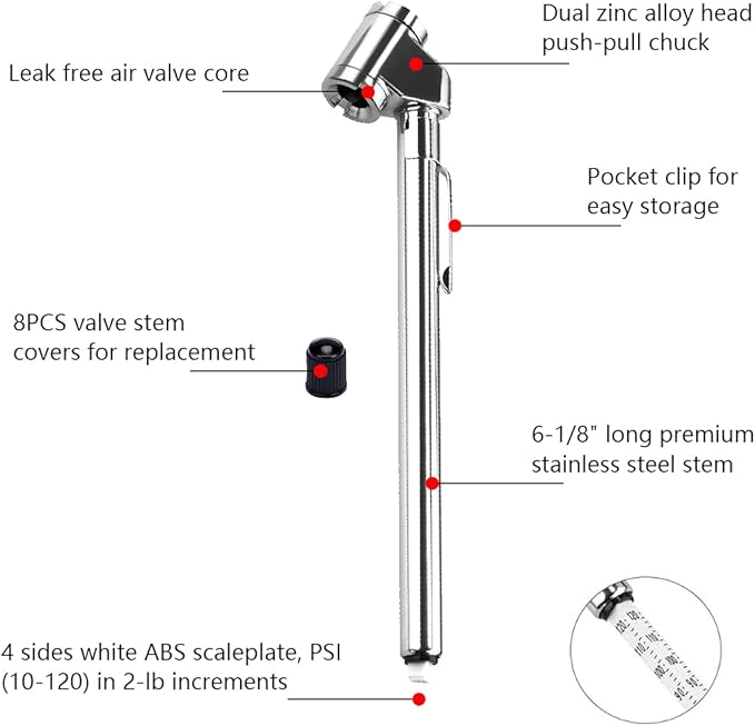 CZC AUTO Tire Pressure Gauge Heavy Duty Dual Head Mechanical Air Gauge Stainless Steel Stem for Car RV ATV Truck Motorcycle Bike, 10-120PSI (5 Pack)