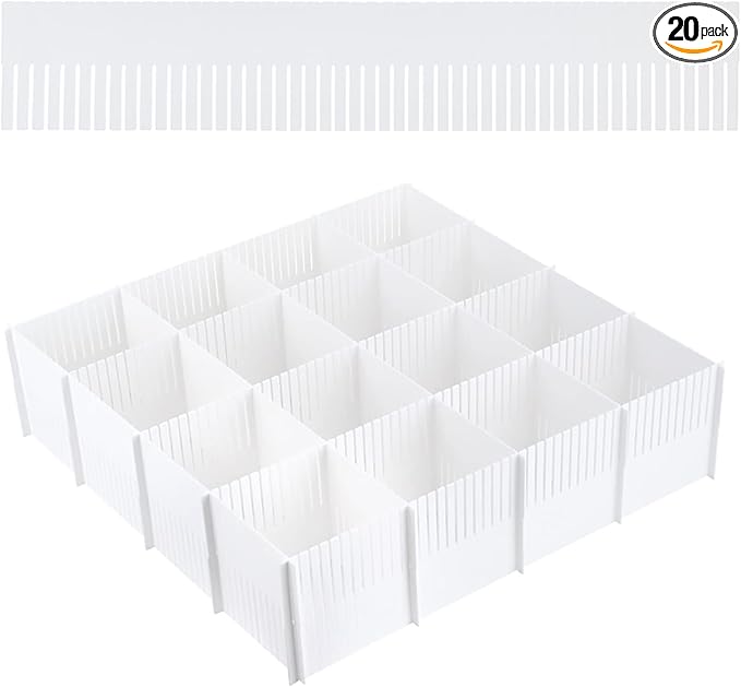 20PCS DIY Plastic Grid Drawer Dividers, Large Adjustable Drawer Storage Organizer (38cmx7cm) for Clutter Kitchen Cutlery Dres
