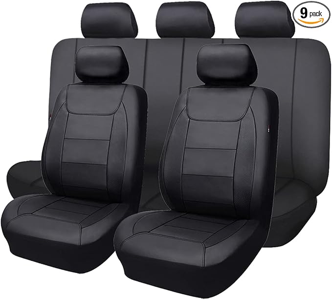 Flying Banner car seat Covers Protects Water Proof Faux Leather Carbon Fiber Front and Rear Bench (Black Black, Full Set - 9P