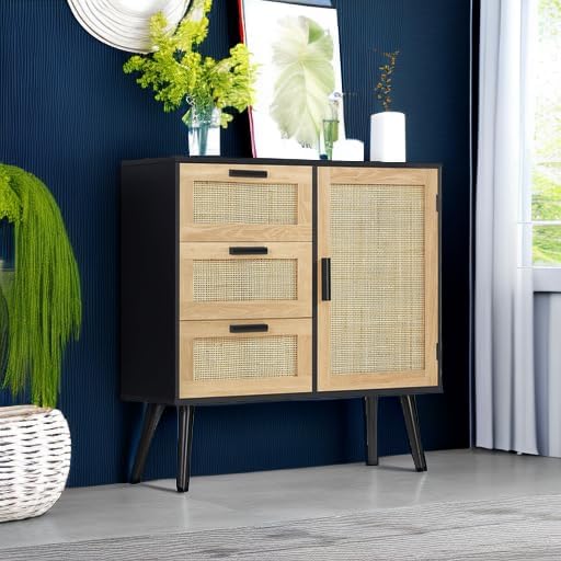 Iwell Storage Cabinet with Rattan Door & 3 Drawers, Rattan Cabinet with Adjustable Shelf, Sideboard Buffet Cabinets with Stor