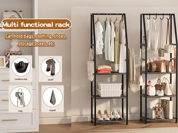 3-Tier Purse Stand Handbag Organizer, Tall Narrow Entryway Closet Bag Organizer, Wood Iron Storage Shelf, 4-in-1, with 8 Remo