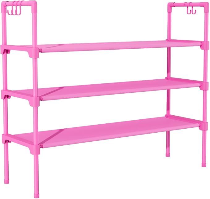 LANTEFUL 3 Tier Shoe Rack for Closet, Shoe Organizer with 5 Hooks, Long Shoe Shelf Storage for Shoe and Boot Stackable Free S