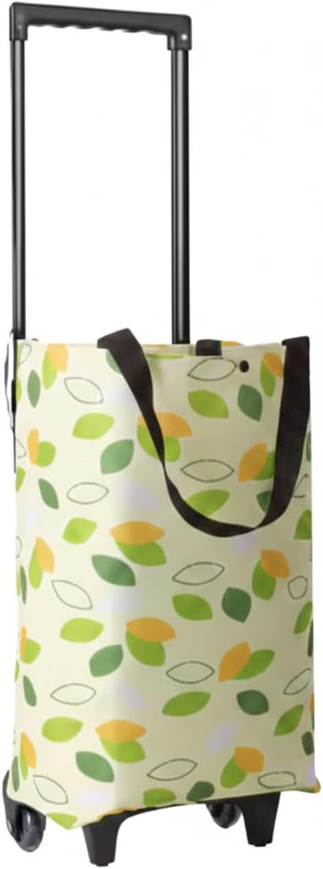 2-in-1 Foldable Shopping Bag with Wheels, Foldable Shopping Cart with Telescopic Handle, Reusable Eco-Friendly Shopping Bag for Women & Seniors(Green leaves)