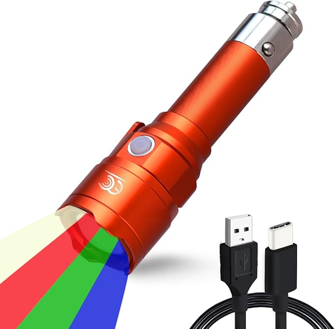 Small RGBW Flashlight Rechargeable with 12 Volt Car Cigarette Lighter & USB C for Auto Vehicles Emergency, Car Escape, Outdoo
