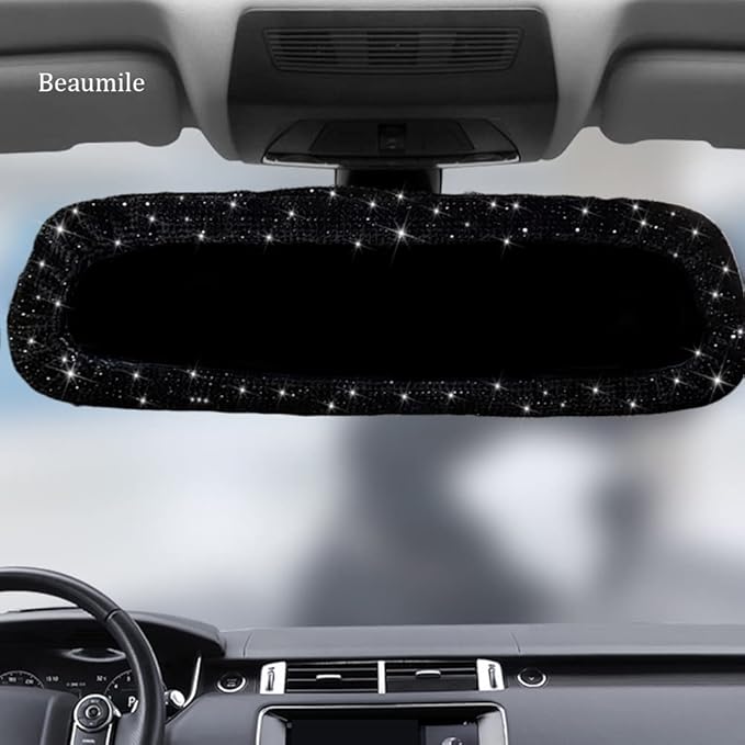 Bling Rearview Mirror Accessories Elastic Plush Car Rear View Mirror Cover for Women Bling Car Accessories Universal Fit Black