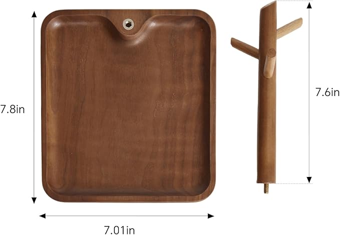 Black Walnut Solid Wood Key Dish Bowl for Entryway Table Square Tray With 3 Hooks, Open Storage for Keys, Wallet, Jewelry (Wa