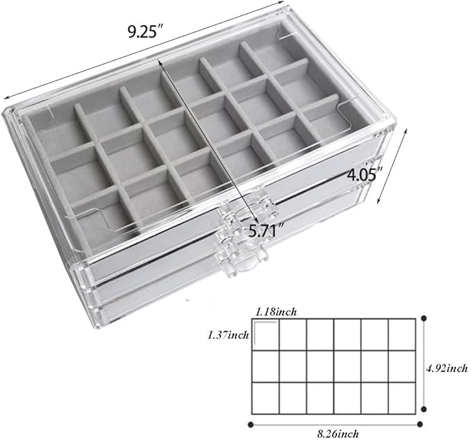 YUFONG Earring Organizer Box Acrylic Jewelry Organizer with 3 Drawers 54 Adjustable Grids Clear Stackable Earring Holder Velv